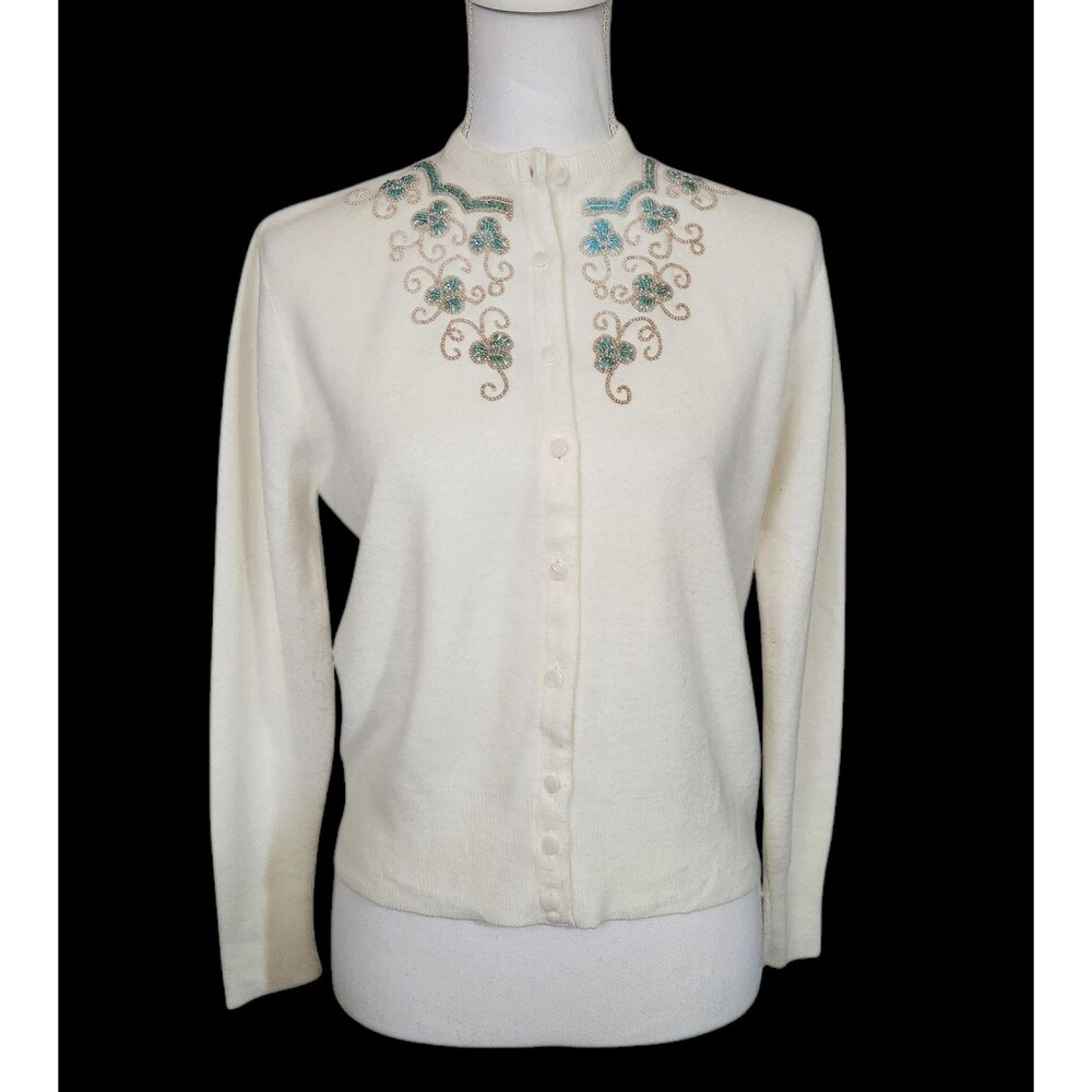 Vintage Sportswear by Select Mazet Cardigan Cream Color w/Beading Size Small (?)